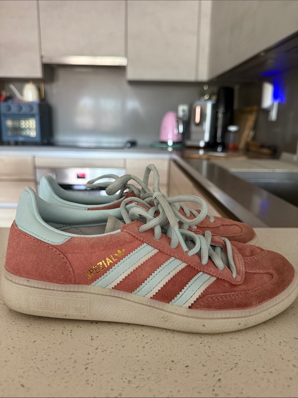 adidas Spezial Suede Sneaker in Peachy Pink and Light Blue